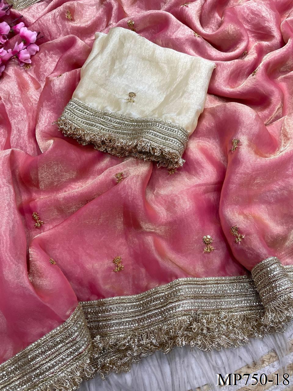 Beautiful Elegant Rich Look Fandy Satin Saree With Sequence Butti & Elegant Designer Lace Border