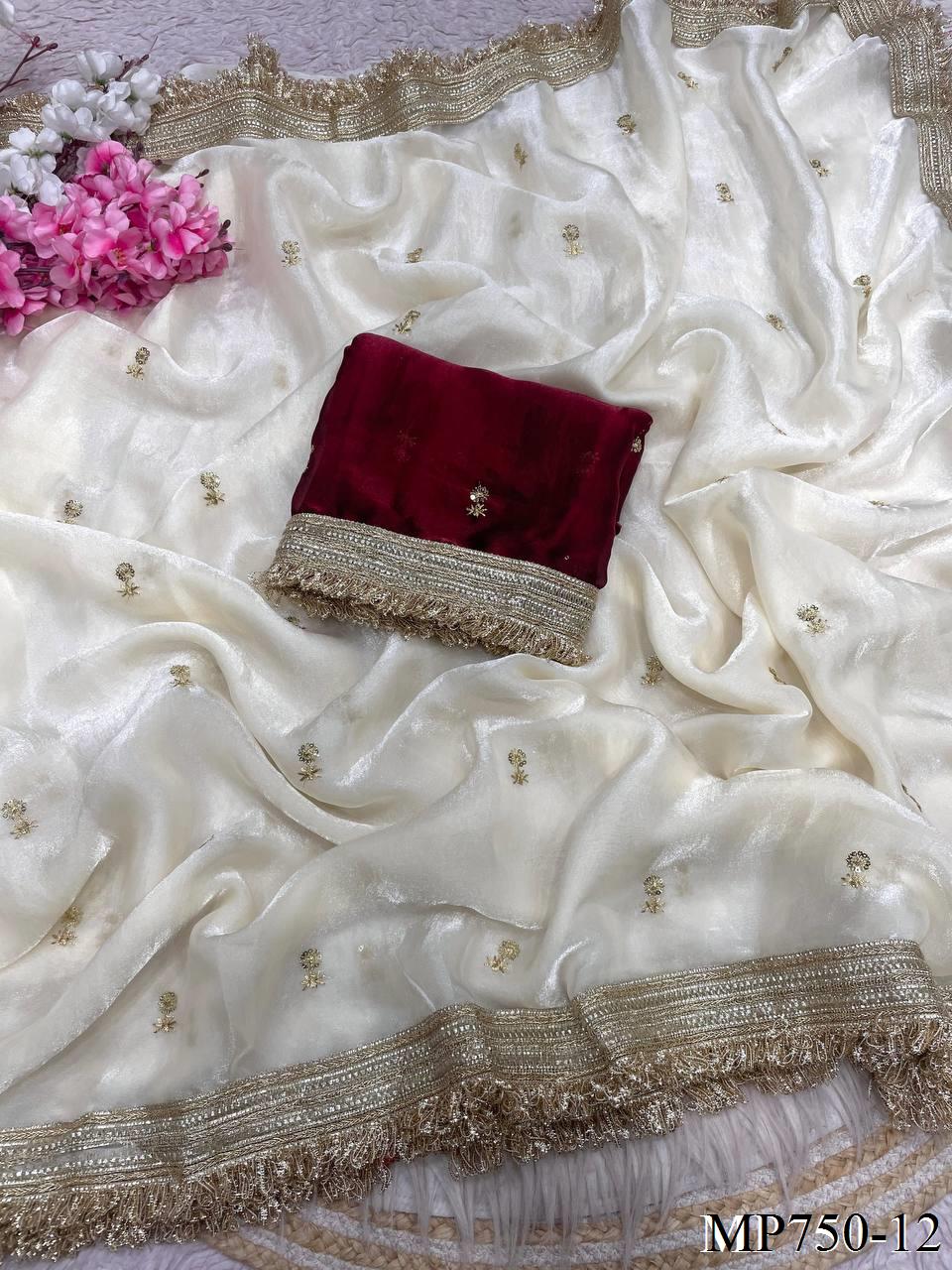 Beautiful Elegant Rich Look Fandy Satin Saree With Sequence Butti & Elegant Designer Lace Border