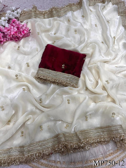 Beautiful Elegant Rich Look Fandy Satin Saree With Sequence Butti & Elegant Designer Lace Border
