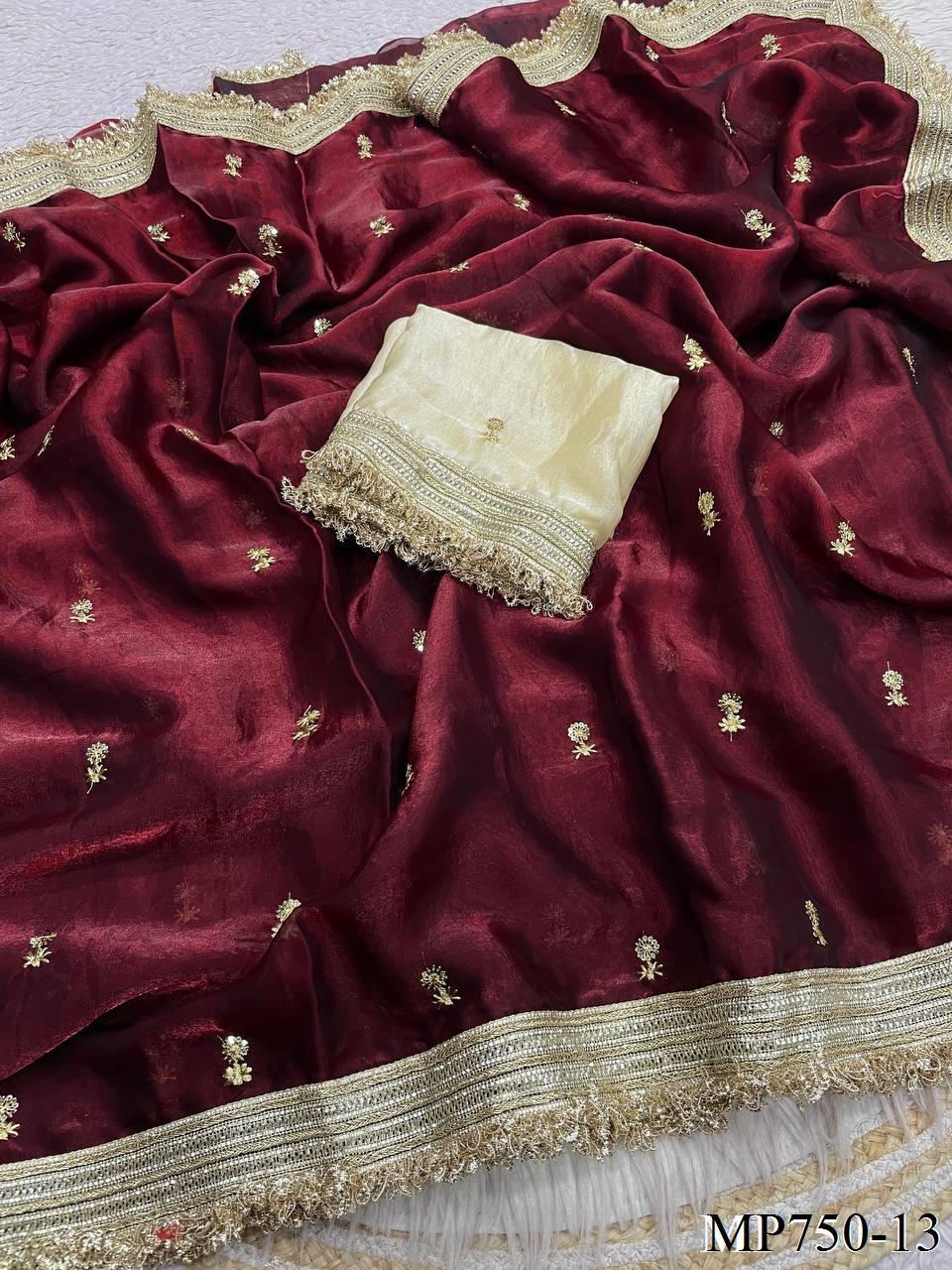 Beautiful Elegant Rich Look Fandy Satin Saree With Sequence Butti & Elegant Designer Lace Border