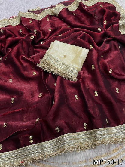 Beautiful Elegant Rich Look Fandy Satin Saree With Sequence Butti & Elegant Designer Lace Border