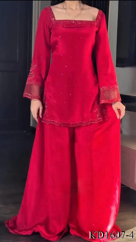 Beautiful Look Beads Work Natural Silk Plazzo Suit Set