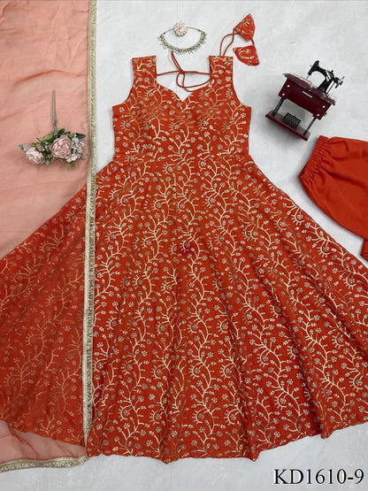 Beautifull Orange Color Faux Georgette With Thread Work Gown