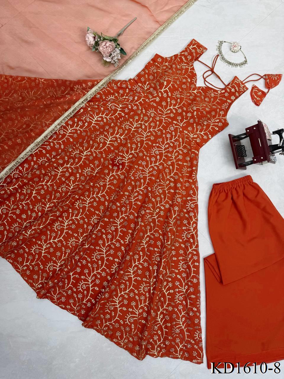 Beautifull Orange Color Faux Georgette With Thread Work Gown