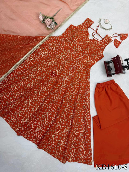 Beautifull Orange Color Faux Georgette With Thread Work Gown