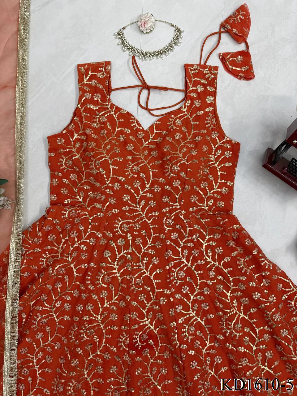 Beautifull Orange Color Faux Georgette With Thread Work Gown