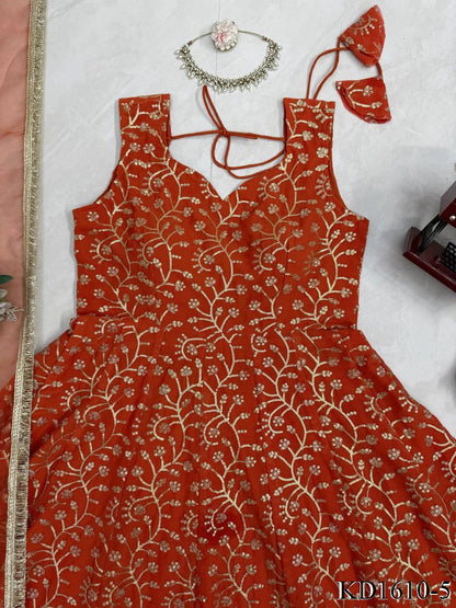 Beautifull Orange Color Faux Georgette With Thread Work Gown