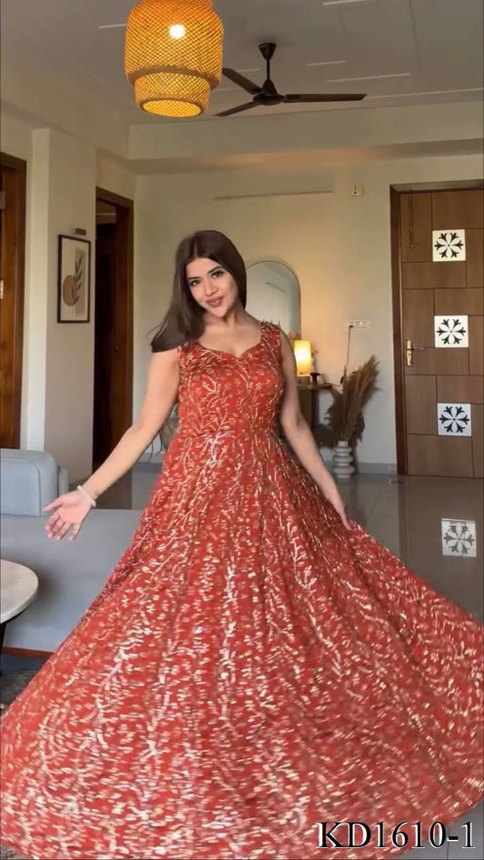 Beautifull Orange Color Faux Georgette With Thread Work Gown