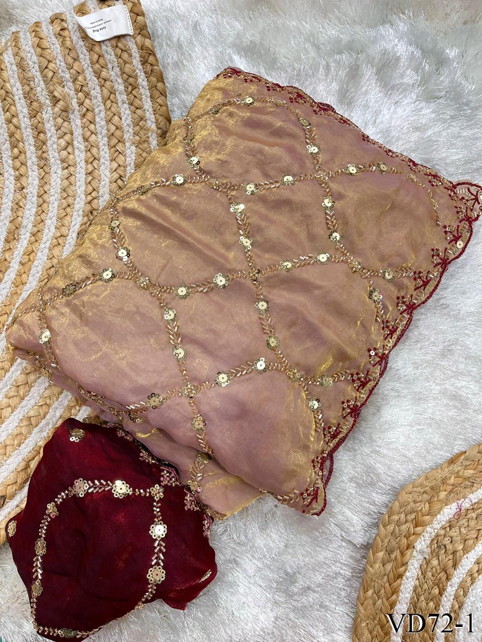 Beautiful Soft Fendy Satin Silk With Beats Jhal Work Saree