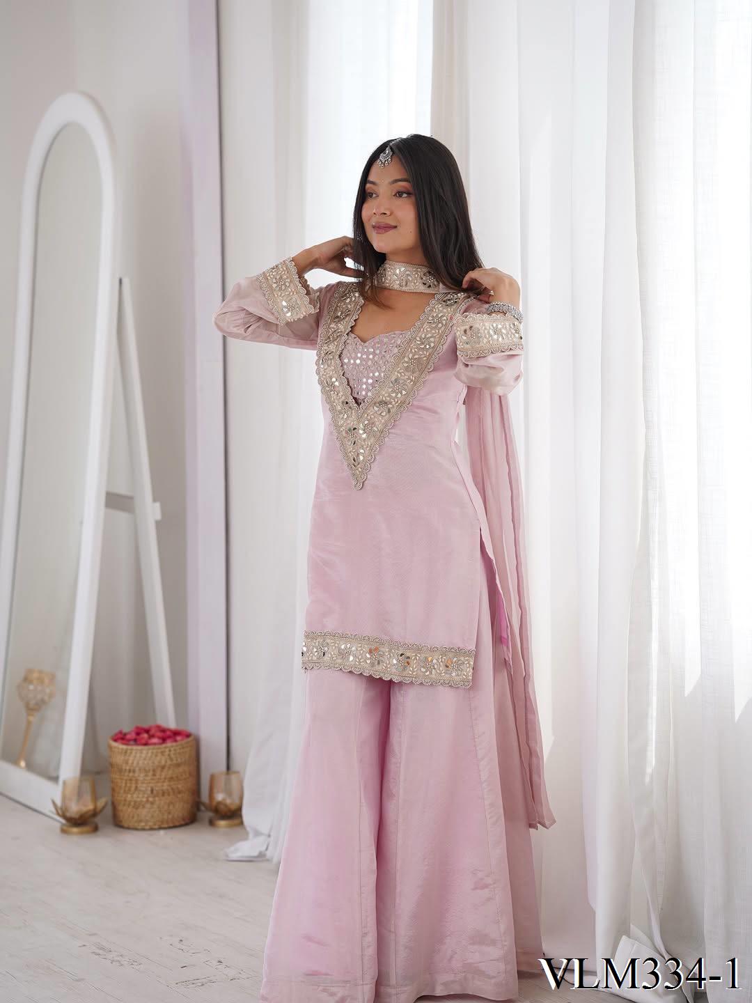 Beautiful Royal Look Heavy Lace Work & Real Mirror Work Silk Plazzo Set
