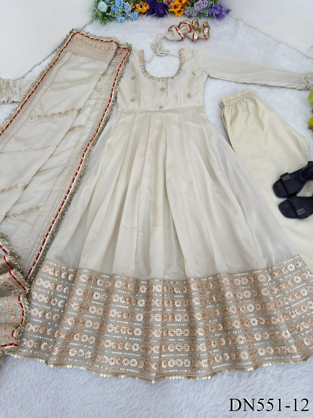 Chinon Silk Embroidered Gown with Sequin Work & Dupatta
