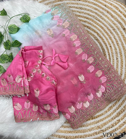 Beautiful Elegant Rich Look Embroidery Jharkhand Work Pure Soft Fendy Saree