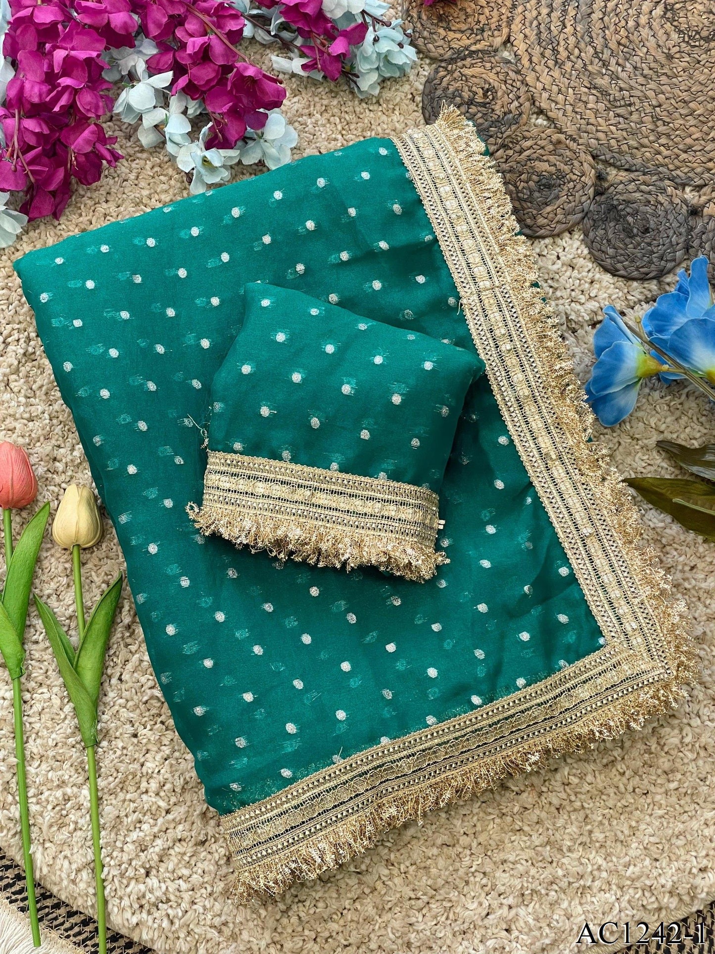 Beautiful Soft Rich Moss Fendy Chiffon Silver Jhari Work Saree