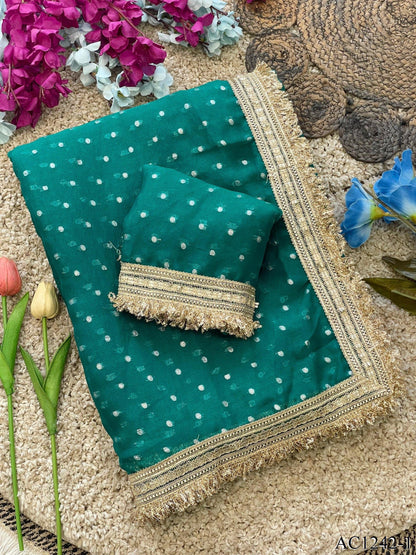 Beautiful Soft Rich Moss Fendy Chiffon Silver Jhari Work Saree