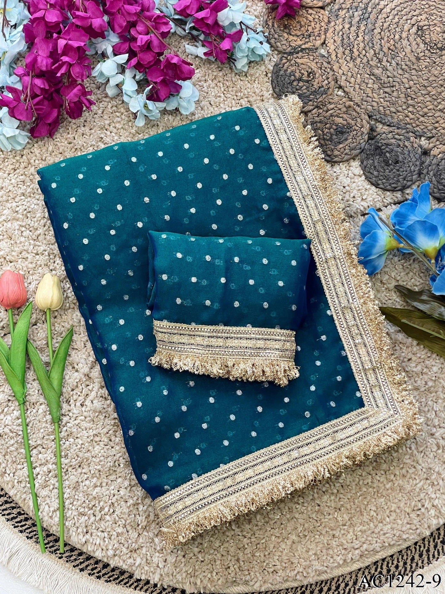 Beautiful Soft Rich Moss Fendy Chiffon Silver Jhari Work Saree