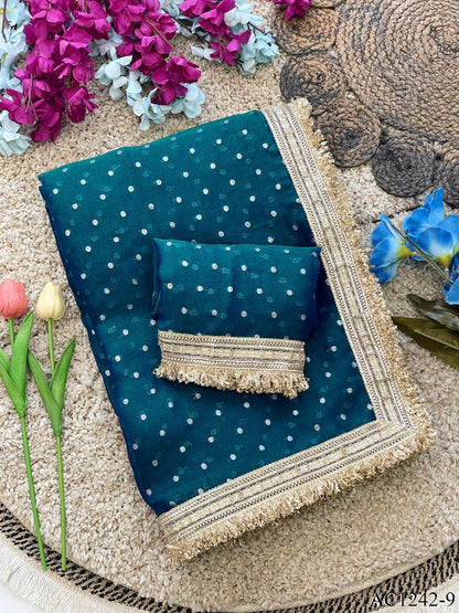 Beautiful Soft Rich Moss Fendy Chiffon Silver Jhari Work Saree