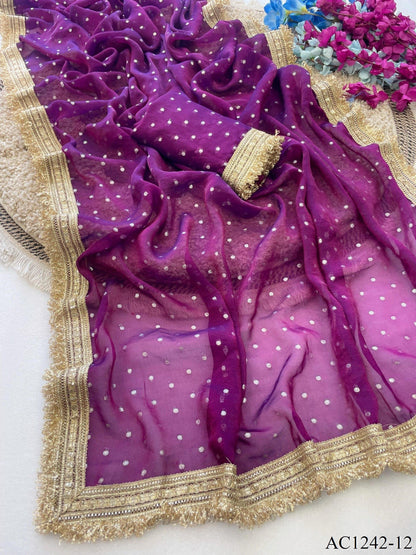 Beautiful Soft Rich Moss Fendy Chiffon Silver Jhari Work Saree