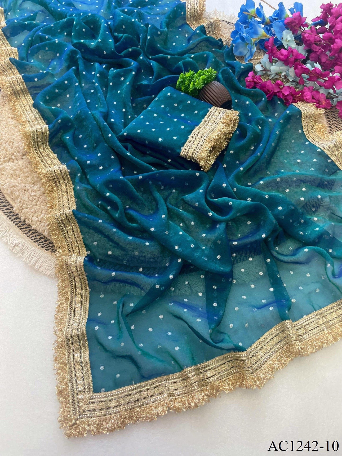 Beautiful Soft Rich Moss Fendy Chiffon Silver Jhari Work Saree