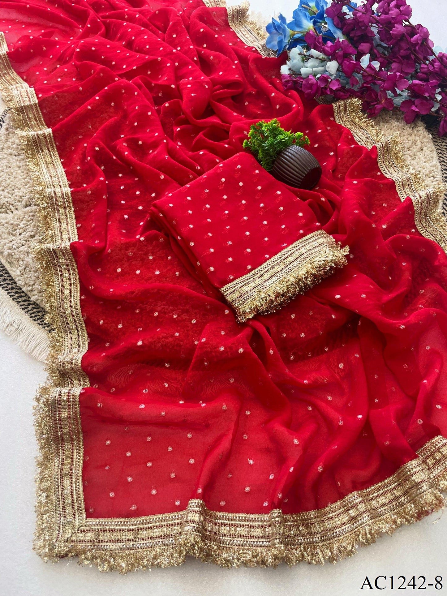 Beautiful Soft Rich Moss Fendy Chiffon Silver Jhari Work Saree