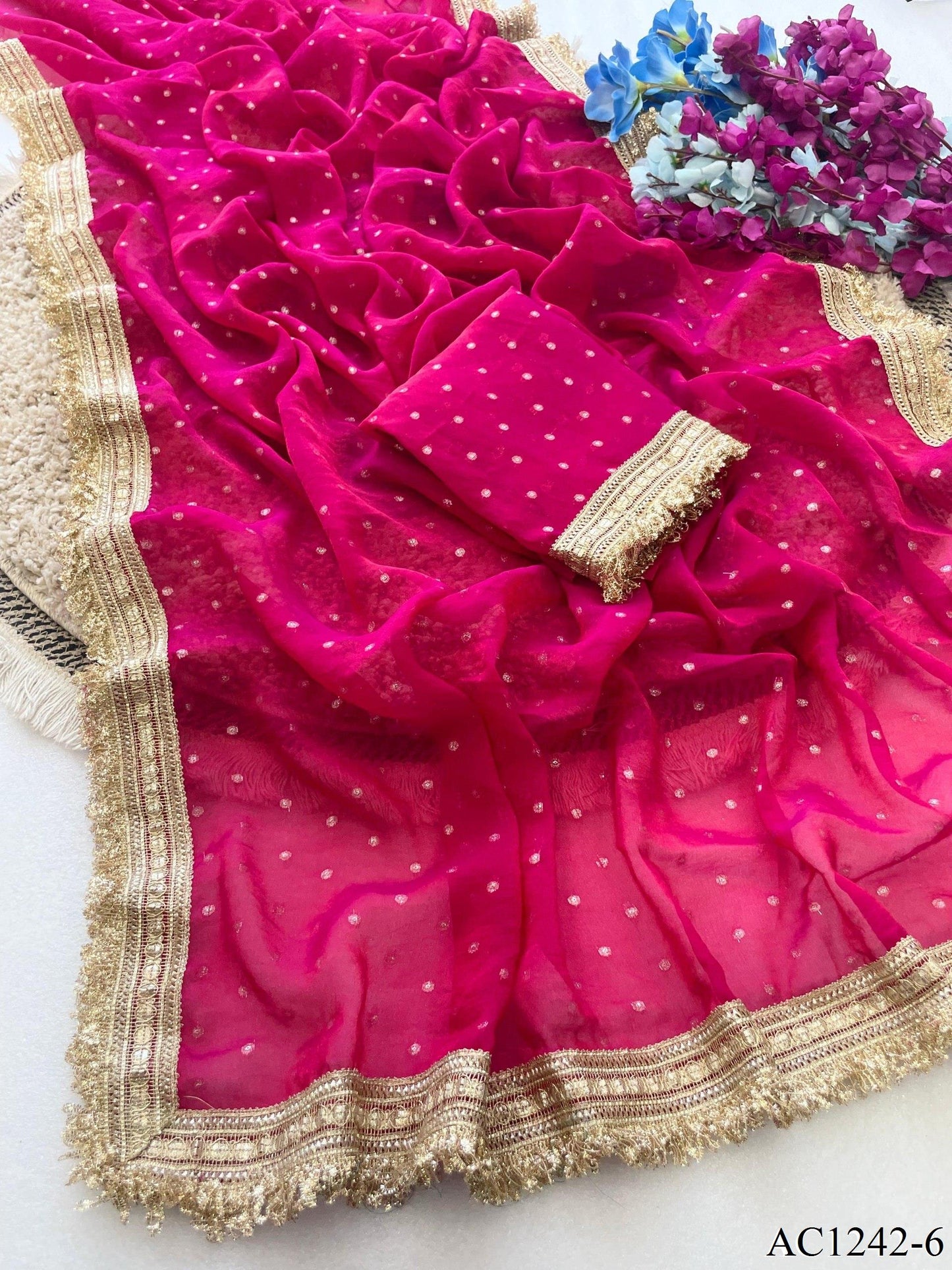 Beautiful Soft Rich Moss Fendy Chiffon Silver Jhari Work Saree