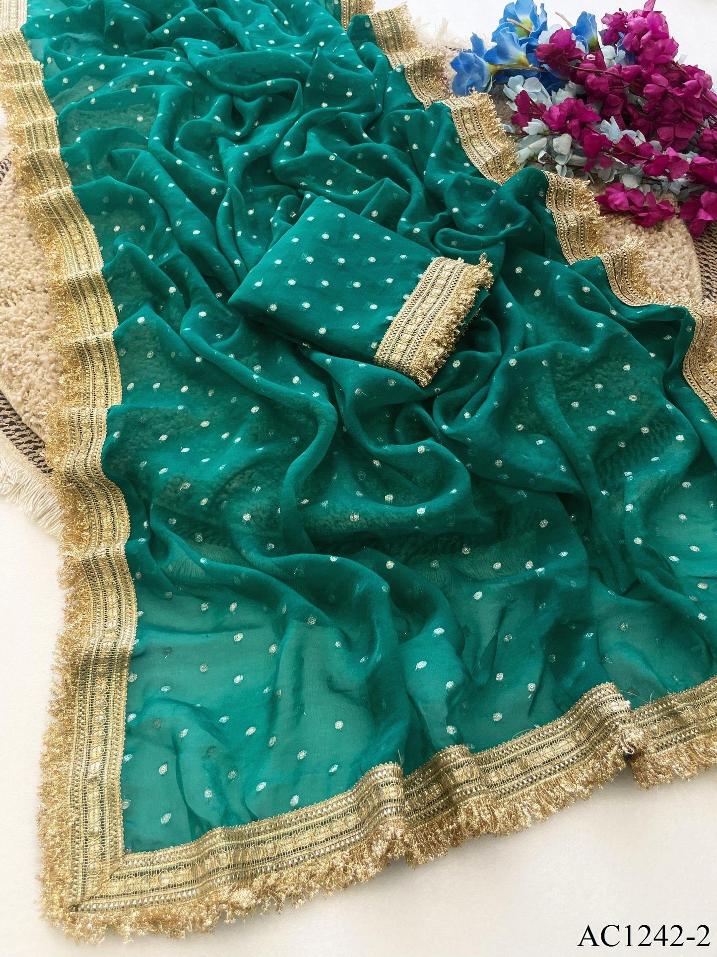 Beautiful Soft Rich Moss Fendy Chiffon Silver Jhari Work Saree