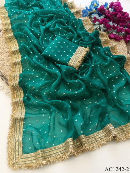 Beautiful Soft Rich Moss Fendy Chiffon Silver Jhari Work Saree