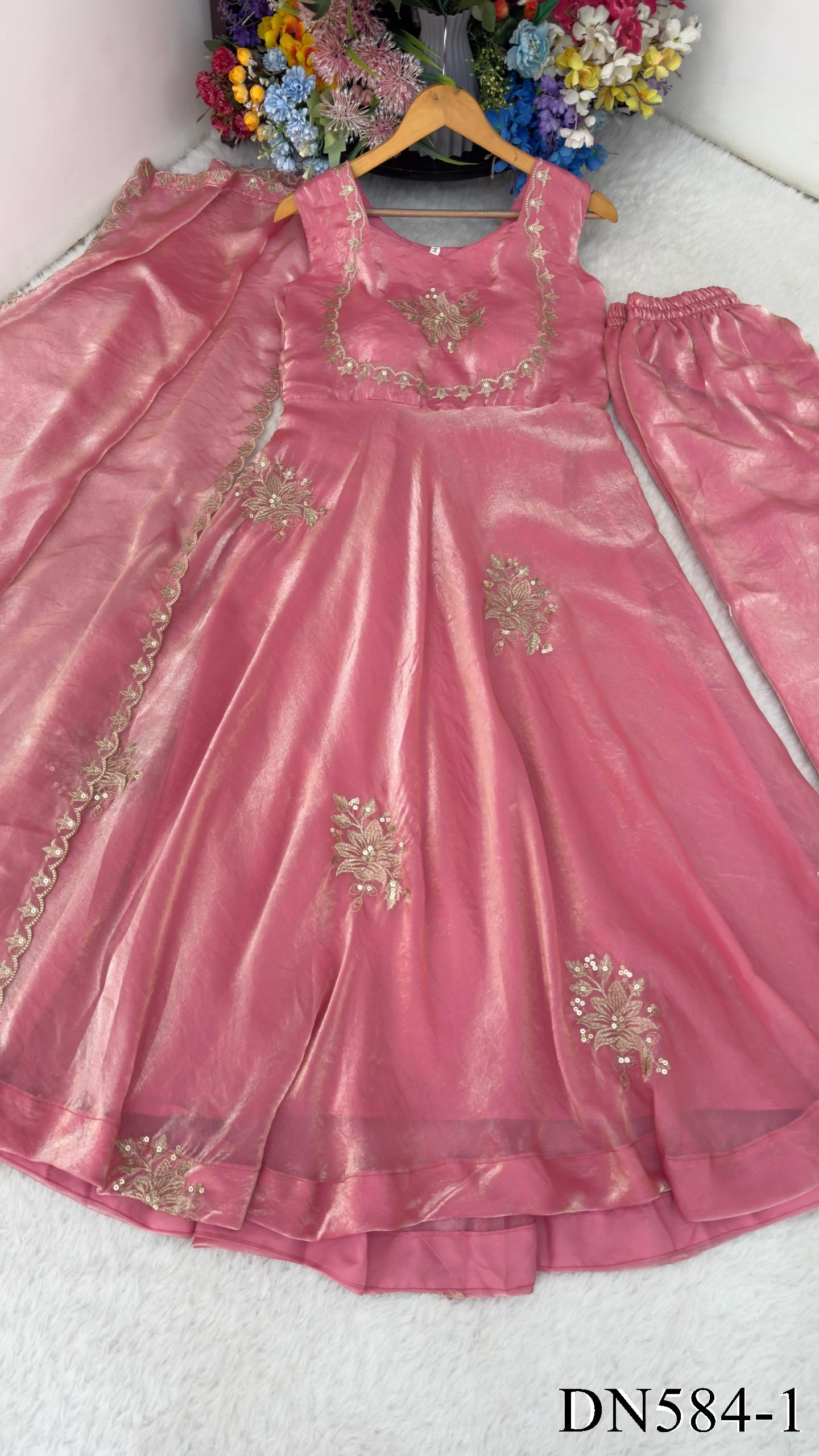 Beautiful Look Fendi Satin Gown With Sequence Embroidery Zari Work Plazzo