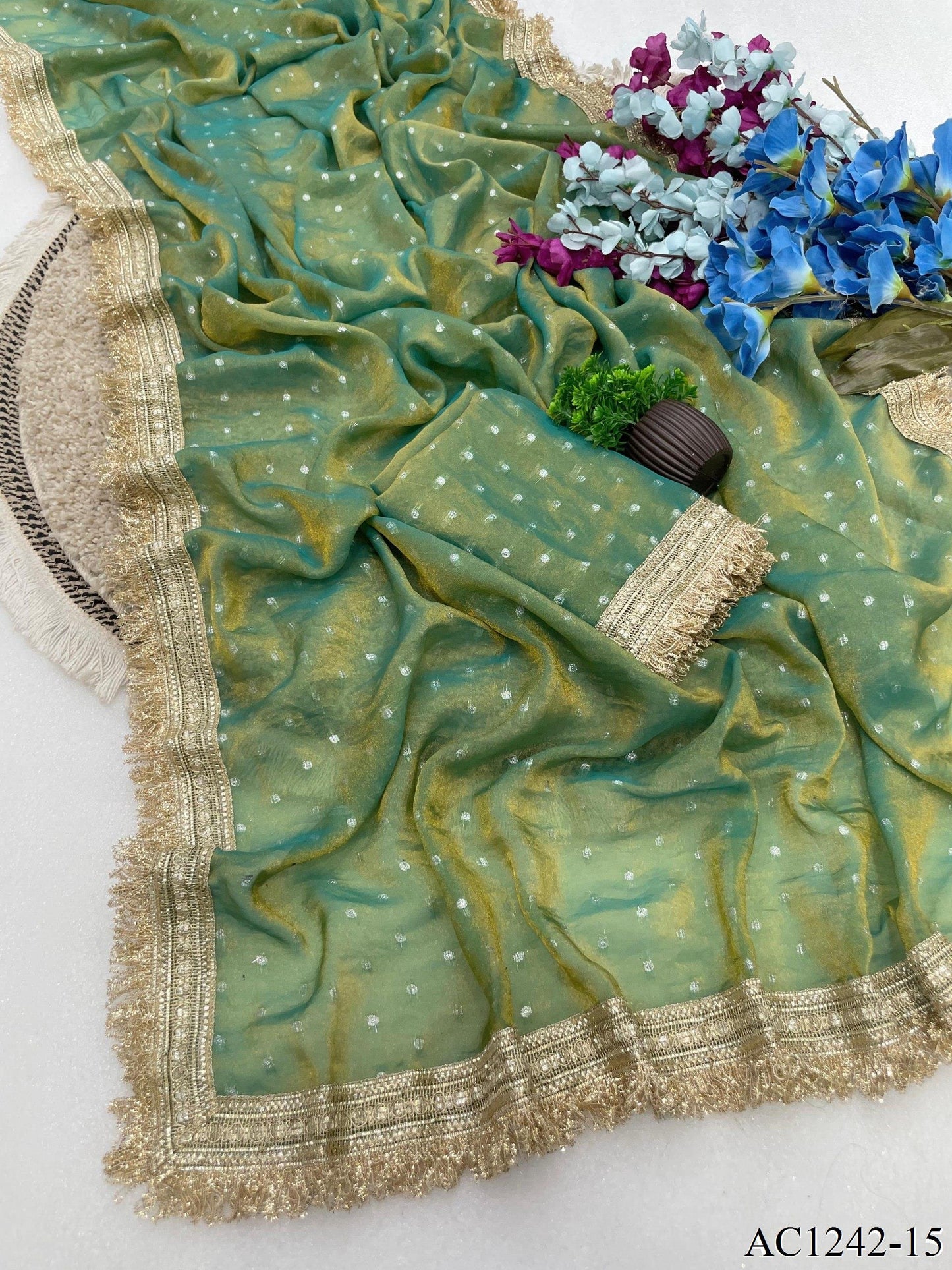 Beautiful Soft Rich Moss Fendy Chiffon Silver Jhari Work Saree