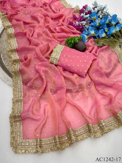 Beautiful Soft Rich Moss Fendy Chiffon Silver Jhari Work Saree