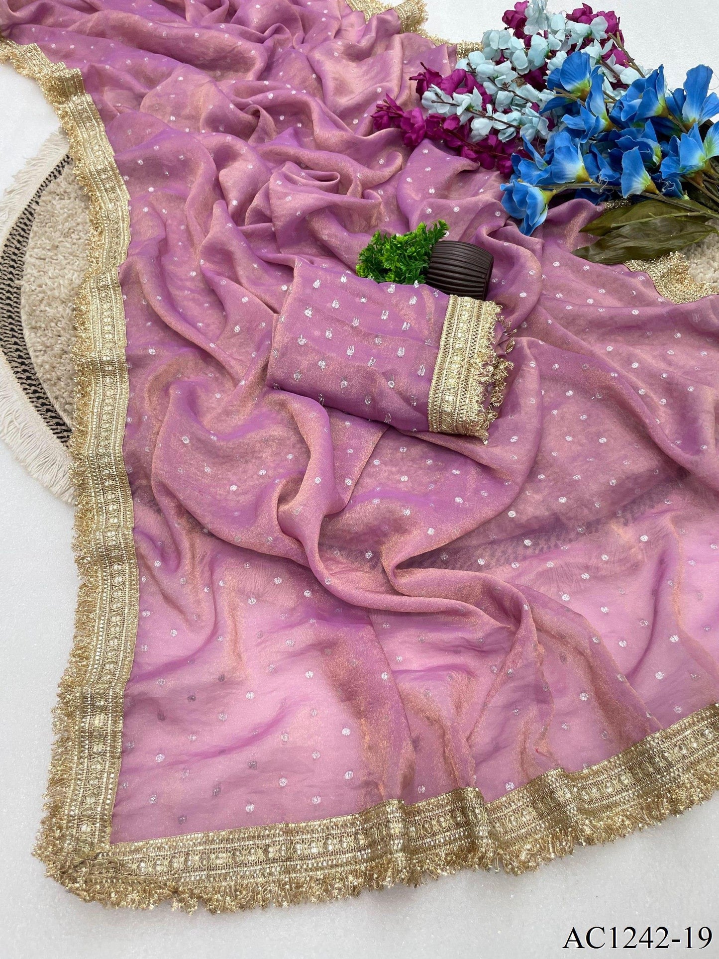 Beautiful Soft Rich Moss Fendy Chiffon Silver Jhari Work Saree