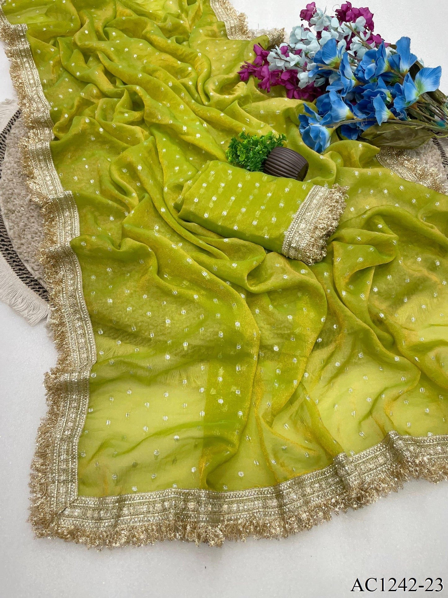 Beautiful Soft Rich Moss Fendy Chiffon Silver Jhari Work Saree