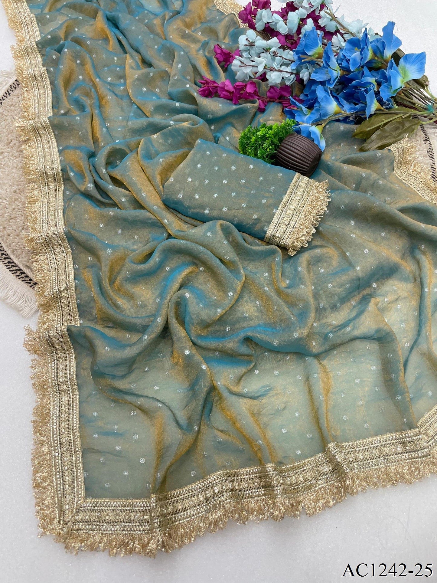 Beautiful Soft Rich Moss Fendy Chiffon Silver Jhari Work Saree