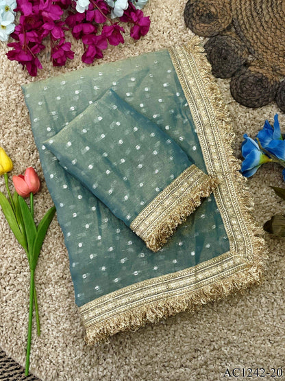 Beautiful Soft Rich Moss Fendy Chiffon Silver Jhari Work Saree