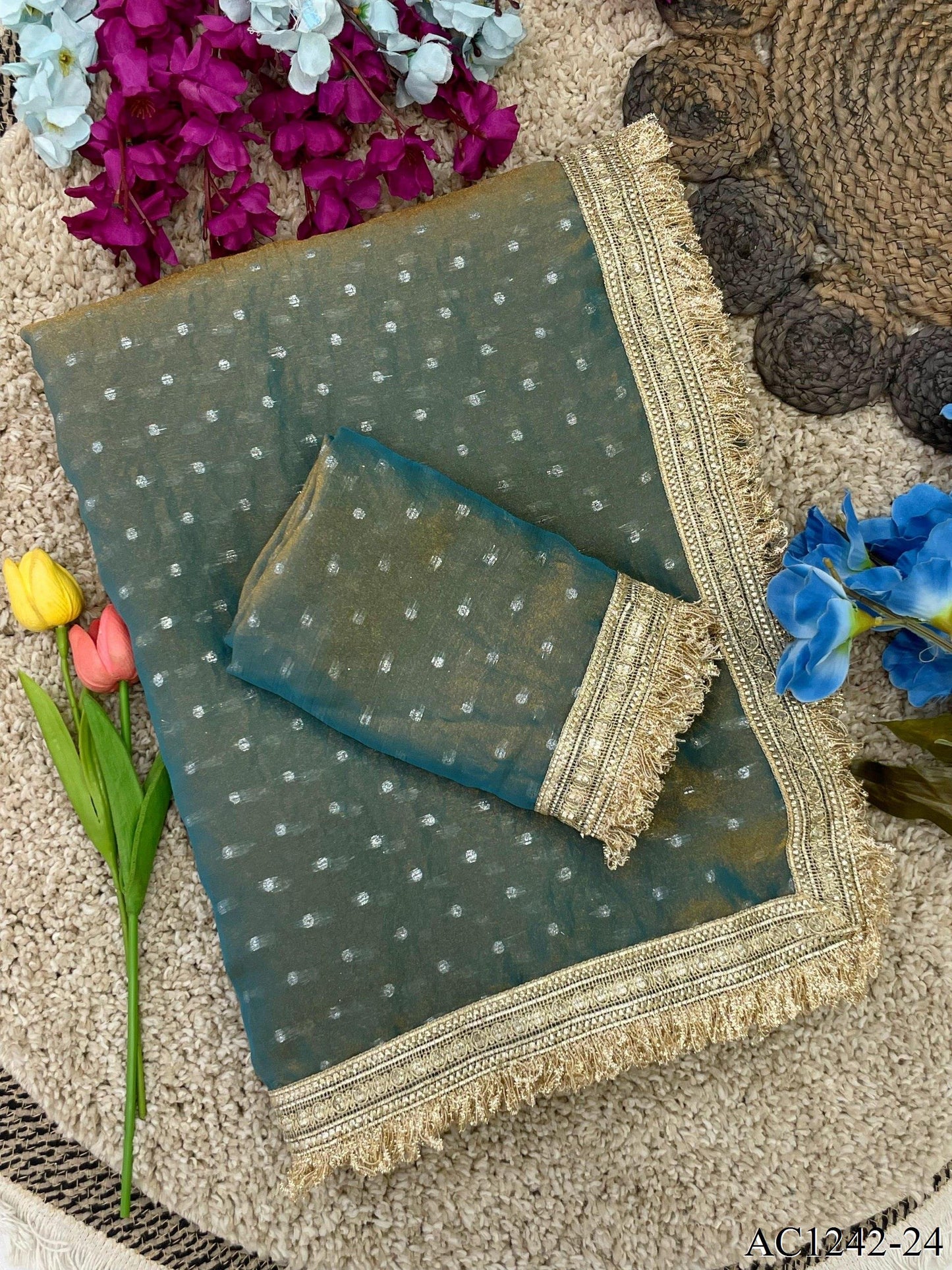 Beautiful Soft Rich Moss Fendy Chiffon Silver Jhari Work Saree