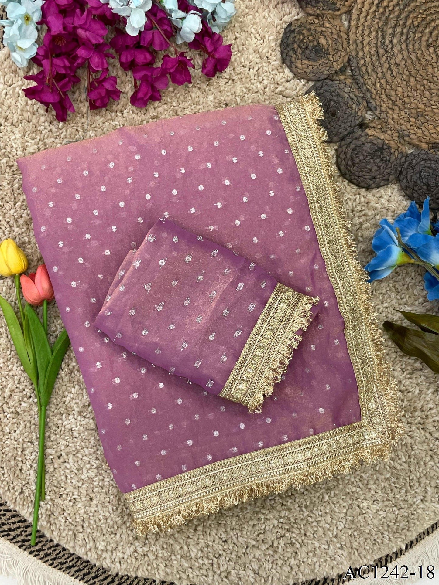 Beautiful Soft Rich Moss Fendy Chiffon Silver Jhari Work Saree