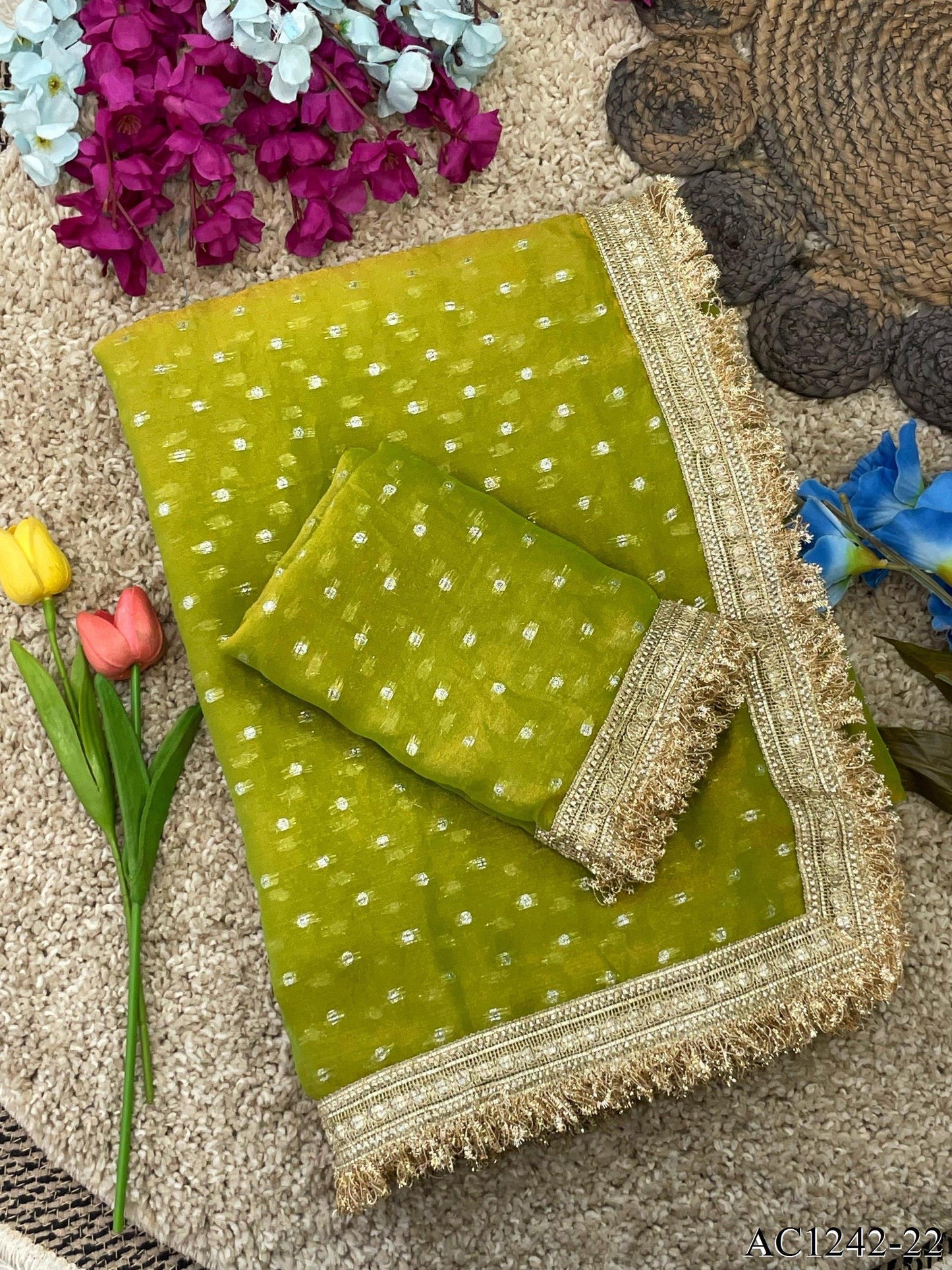 Beautiful Soft Rich Moss Fendy Chiffon Silver Jhari Work Saree