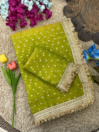 Beautiful Soft Rich Moss Fendy Chiffon Silver Jhari Work Saree