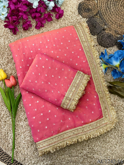 Beautiful Soft Rich Moss Fendy Chiffon Silver Jhari Work Saree