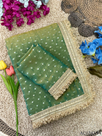 Beautiful Soft Rich Moss Fendy Chiffon Silver Jhari Work Saree