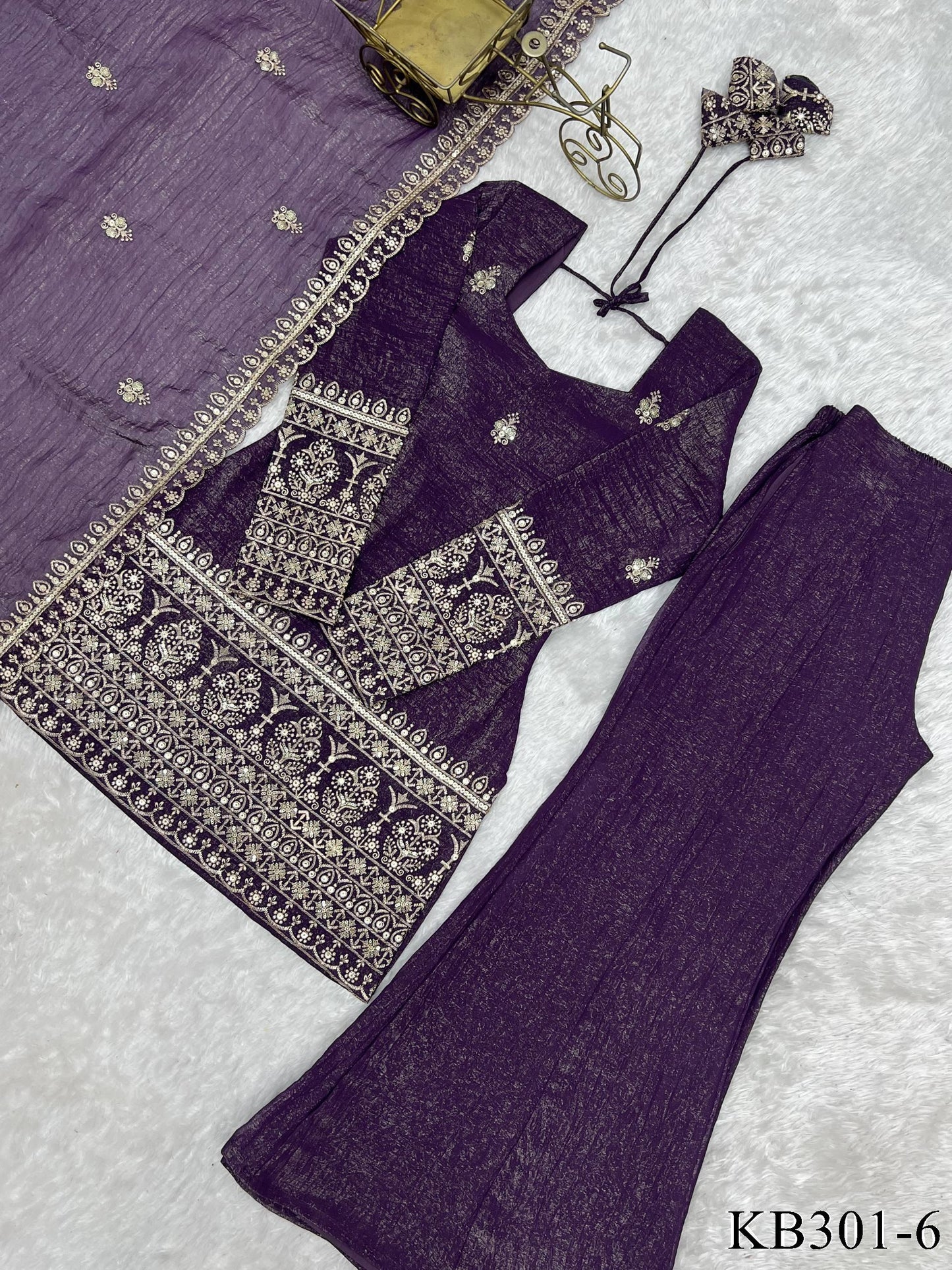 Beautiful Soft Crunchy Silk Embroidery Sequence & Jari Work Suit Set