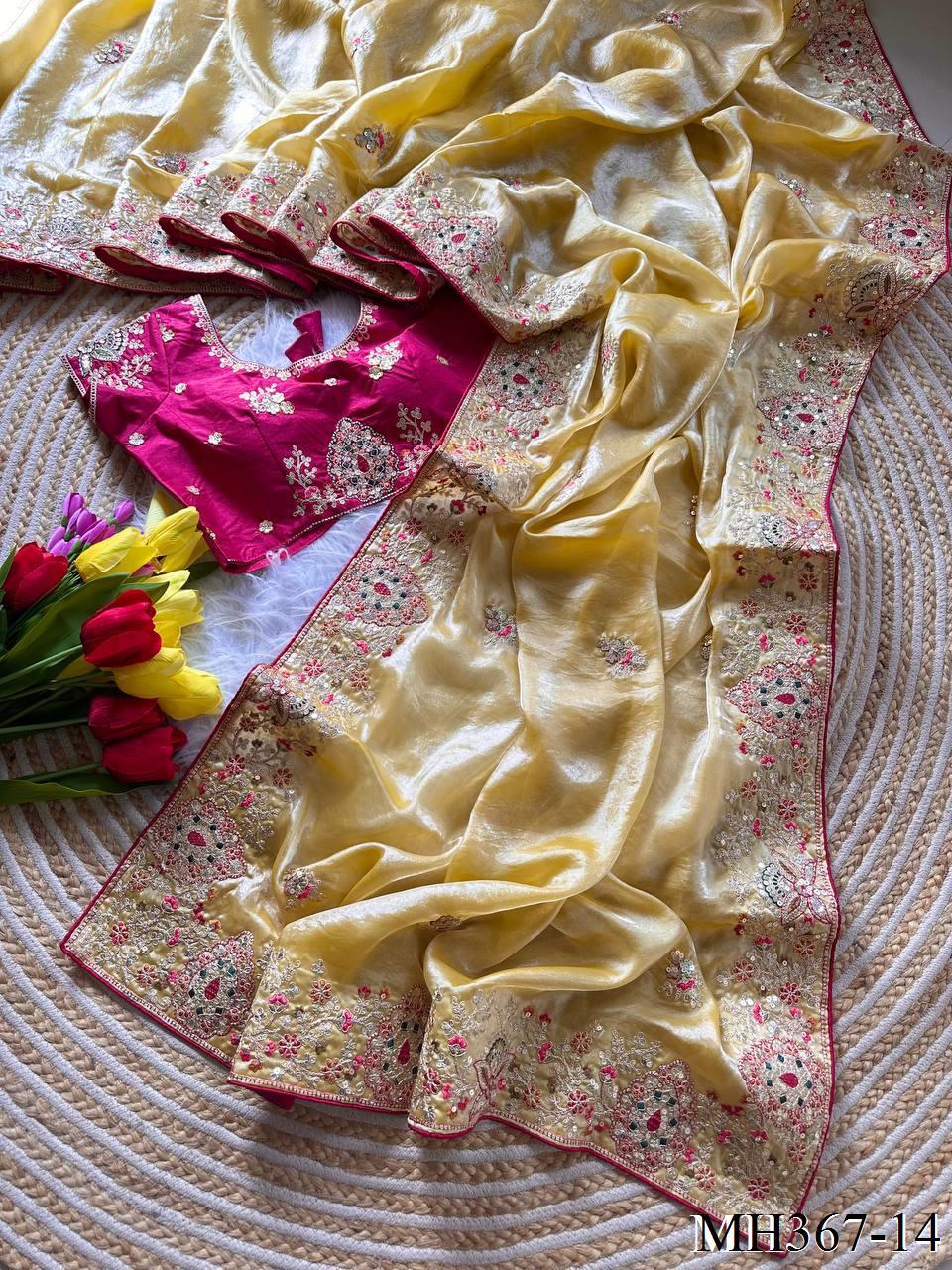 Most Viral Fandy Silk With Luxurious Shine Golden Embroidery Saree