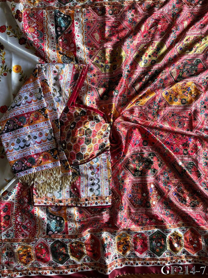 Beautiful Soft Rich Japan Satin Digital Print Aari Mirror Work Saree