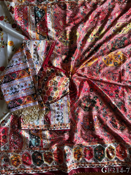 Beautiful Soft Rich Japan Satin Digital Print Aari Mirror Work Saree