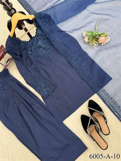 Beautiful Soft Rich Natural Crepe Farshi With Thread & Sequence Work Salwar Suit