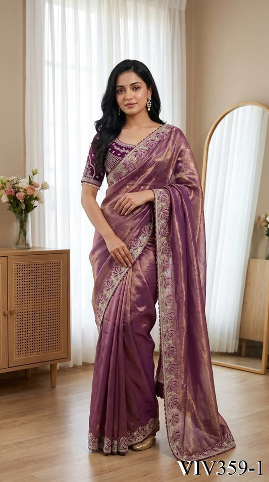 Beautiful Soft Fandy Satin With Lotus Embroidery & Rich Meena Work Saree