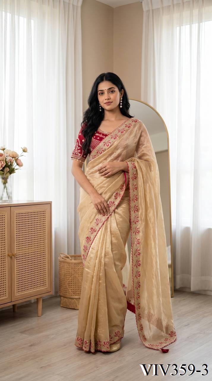 Beautiful Soft Fandy Satin With Lotus Embroidery & Rich Meena Work Saree