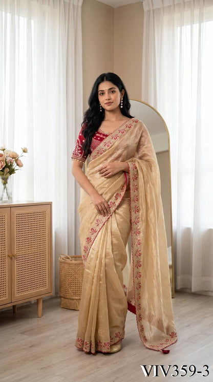 Beautiful Soft Fandy Satin With Lotus Embroidery & Rich Meena Work Saree