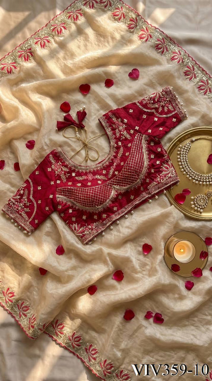 Beautiful Soft Fandy Satin With Lotus Embroidery & Rich Meena Work Saree