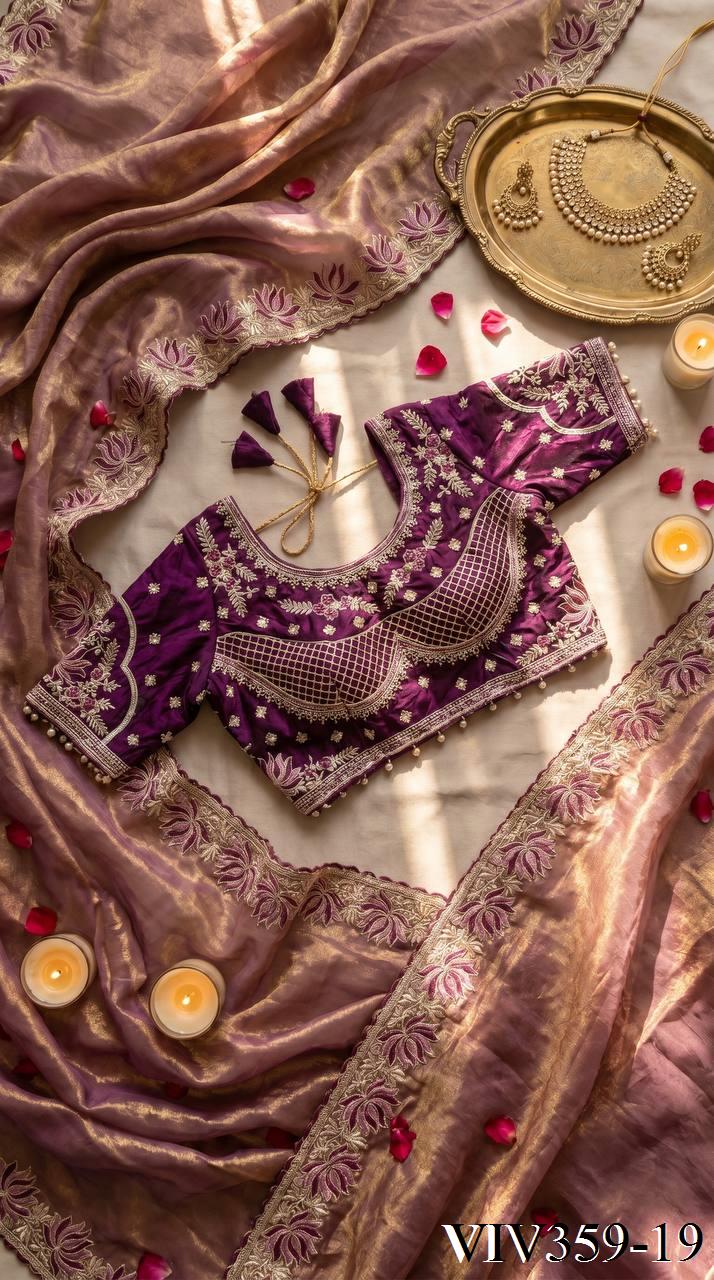 Beautiful Soft Fandy Satin With Lotus Embroidery & Rich Meena Work Saree