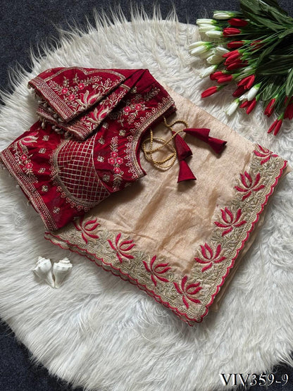 Beautiful Soft Fandy Satin With Lotus Embroidery & Rich Meena Work Saree